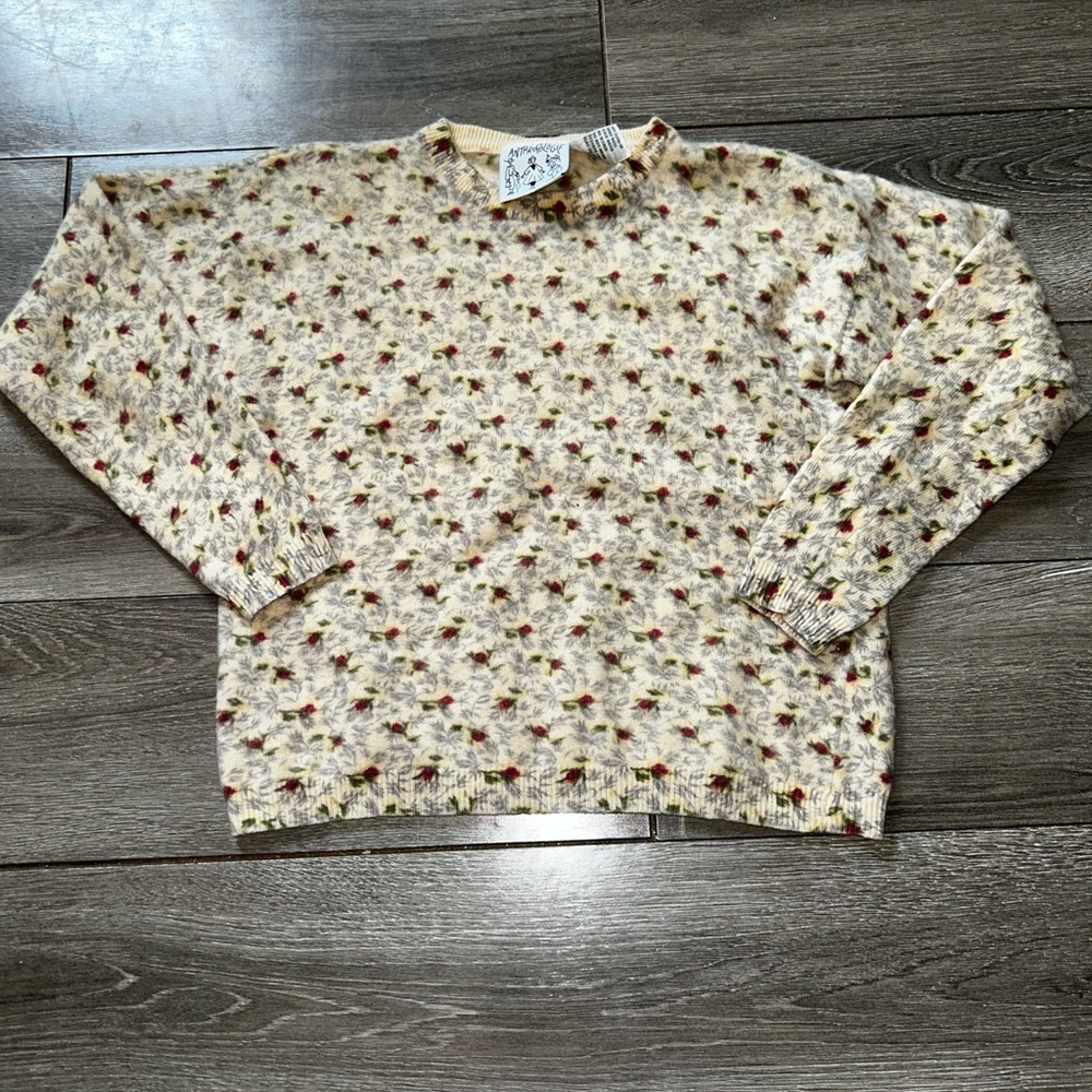 Vintage 90s Anthropologie Yellow Rosebud Wool Cropped Floral Sweater Cottagecore